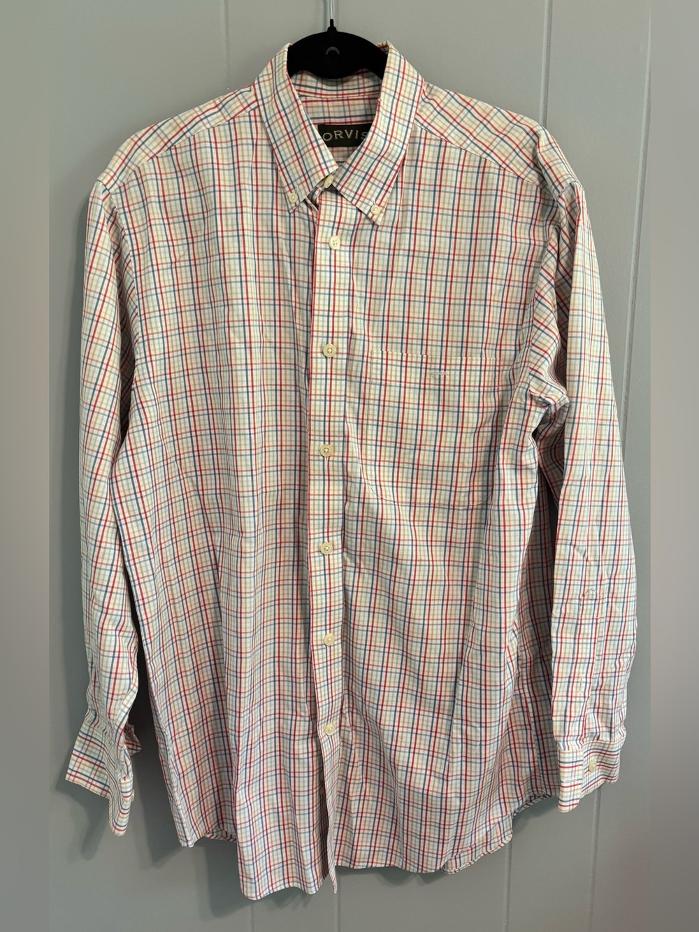 Orvis White Dress Shirt with Red & Blue Windowpane Plaid
